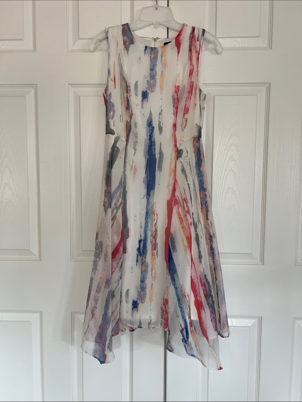 DKNY White Sheer Flowing Midi Dress with Blue, Red and Gray Brushstrokes Print